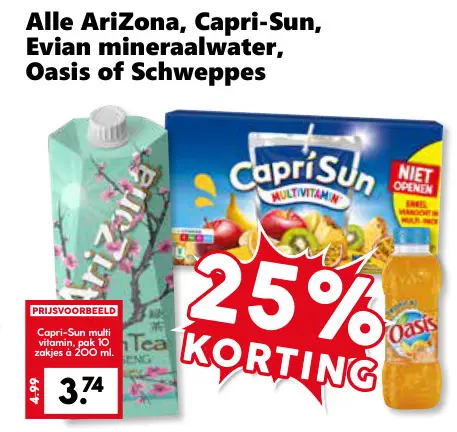 Aanbieding: Alle AriZona, Capri-Sun, Evian mineraalwater, Oasis of Schweppes