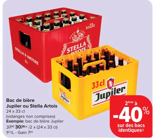 Offre: Bac de bière Jupiler ou Stella Artois