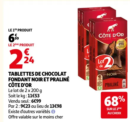Promotie: Tablettes de chocolat fondant noir et praliné