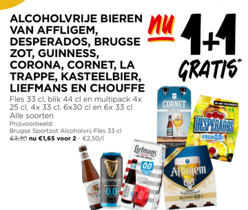 Aanbieding: ALCOHOLVRIJE BIEREN VAN AFFLIGEM, DESPERADOS, BRUGSE ZOT, GUINNESS, CORONA, CORNET, LA TRAPPE, KASTEELBIER, LIEFMANS EN CHOUFFE