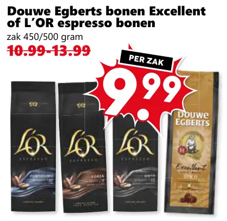 Aanbieding: Douwe Egberts bonen Excellent of L'OR espresso bonen