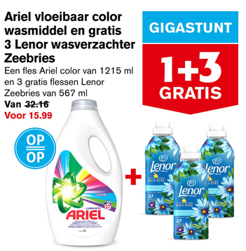Aanbieding: Ariel vloeibaar color wasmiddel en gratis 3 Lenor wasverzachter Zeebries