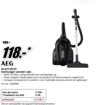 Promotie: AL61C2ECO Stofzuiger zonder zak