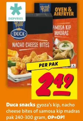Aanbieding: Duca snacks gyoza's kip, nacho cheese bites of samosa kip madras