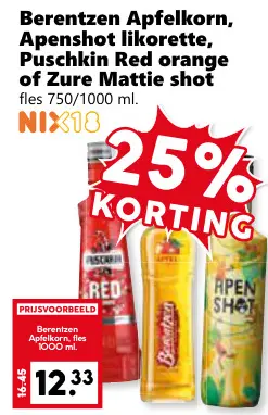 Aanbieding: Berentzen Apfelkorn, Apenshot likorette, Puschkin Red orange of Zure Mattie shot