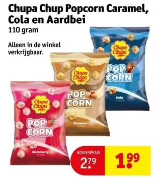 Aanbieding: Chupa Chup Popcorn Caramel, Cola en Aardbei