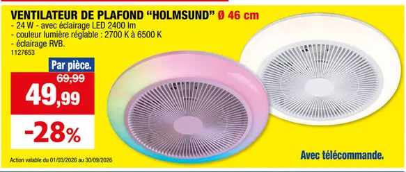 Offre: Reality Holmsund ventilateur de plafond LED 24W blanc