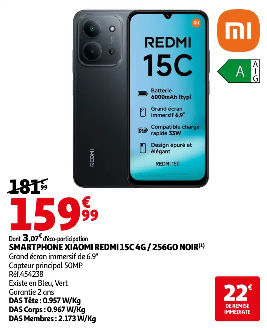 Offre: Smartphone XIAOMI REDMI 15c 4g/256go noir