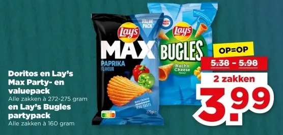 Aanbieding: Doritos en Lay's Max Party- en valuepack en Lay's Bugles partypack