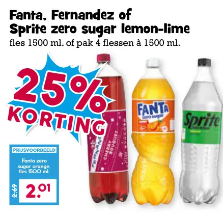Aanbieding: Fanta, Fernandez of Sprite zero sugar lemon-lime
