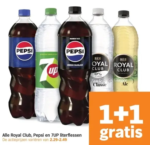 Aanbieding: Alle Royal Club, Pepsi en 7UP literflessen