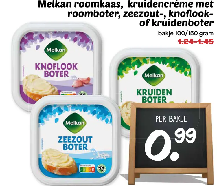 Aanbieding: Melkan roomkaas, kruidencrème met roomboter, zeezout-, knoflook- of kruidenboter