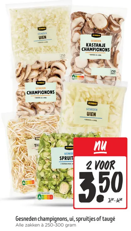 Aanbieding: Gesneden champignons, ui, spruitjes of taugé