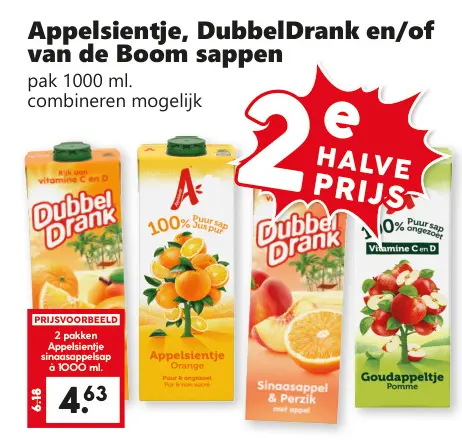 Aanbieding: Appelsientje, DubbelDrank en/of van de Boom sappen