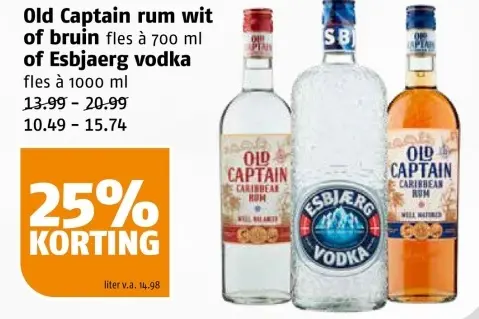 Aanbieding: Old Captain rum wit of bruin of Esbjaerg vodka