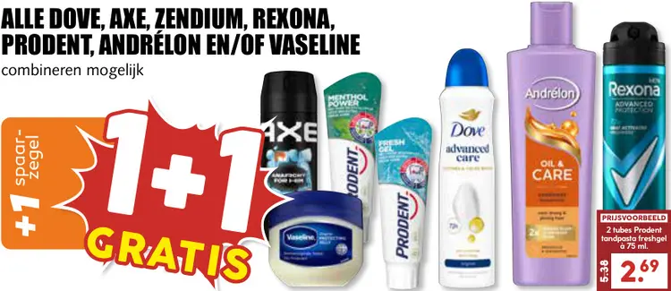 Aanbieding: Alle Dove, Axe, Zendium, Rexona, Prodent, Andrélon En/of Vaseline