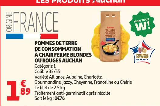 Promotie: Pommes de terre de consommation à chair ferme blondes our rouges