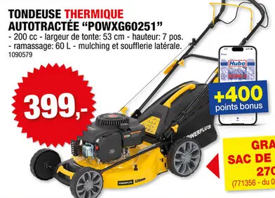 Offre: Powerplus POWXG60251 tondeuse thermique autotractée 200cc 53cm