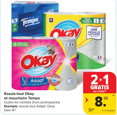 Offre: Essuie-tout Okay et mouchoirs Tempo