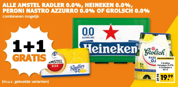 Aanbieding: Alle Amstel Radler 0.0%, Heineken 0.0%, Peroni Nastro Azzurro 0.0% of Grolsch 0.0%