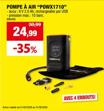 Offre: Powerplus POWX1710 pompe à  air 8V + 4 embouts