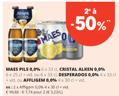 Offre: Maes pils 0,0%, Cristal Alken 0,0%, Desperados 0,0% ou Affligem 0,0%