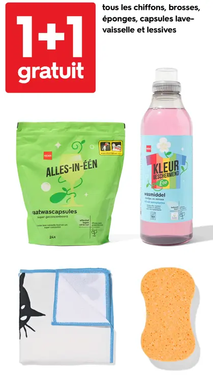 Offre: Chiffons, brosses, éponges, capsules lave-vai