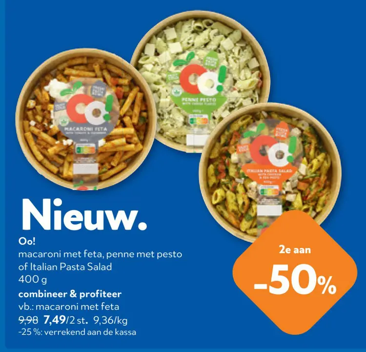 Promotie: Macaroni met feta, penne met pesto of Italian
