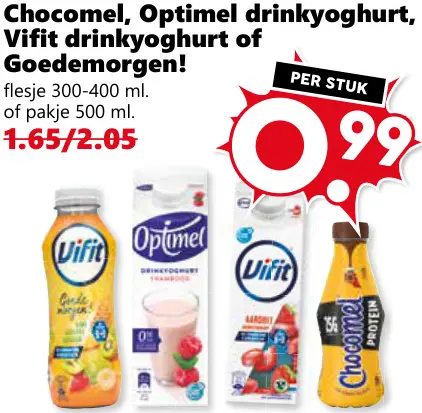 Aanbieding: Chocomel, Optimel drinkyoghurt, Vifit drinkyoghurt of Goedemorgen!
