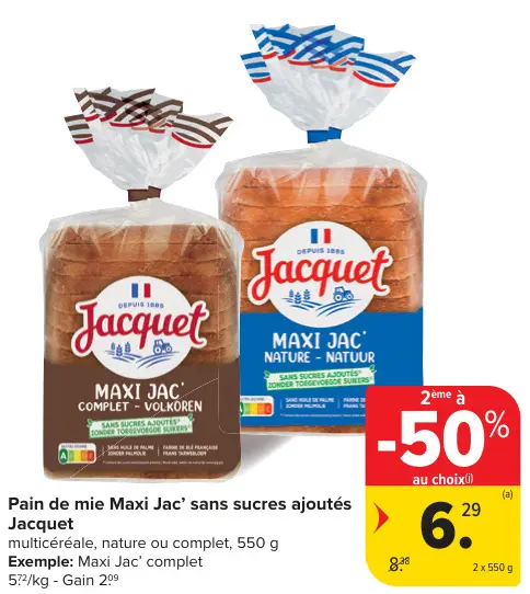 Offre: Pain de mie Maxi Jac' sans sucres ajoutés