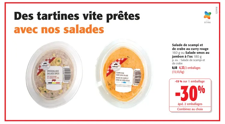 Offre: Salade de scampi et de crabe au curry rouge ou Salade smos au jambon à l'os
