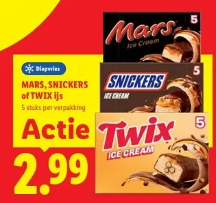 Aanbieding: Mars, Snickers of Twix ijs