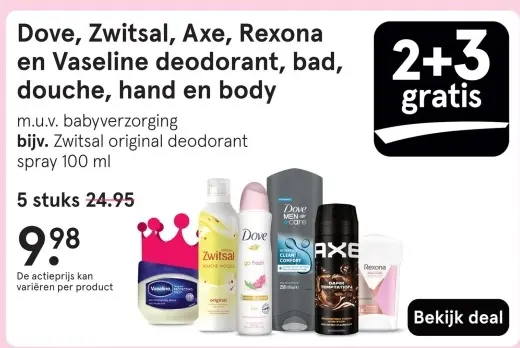 Aanbieding: Dove, Zwitsal, Axe, Rexona en Vaseline deodorant, bad, douche, hand en body
