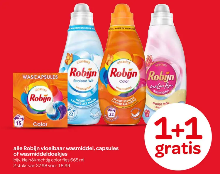 Aanbieding: Robijn vloeibaar wasmiddel, capsules of wasmiddeldoekjes