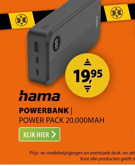 Aanbieding: Hama Power Pack 20.000mAh 3 Uitgangen: 2X USB-C 1X USB-A Zwart