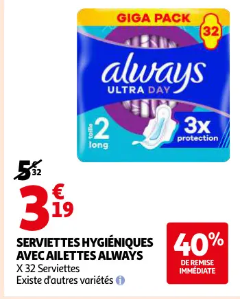 Offre: Serviettes hygiéniques avec ailettes