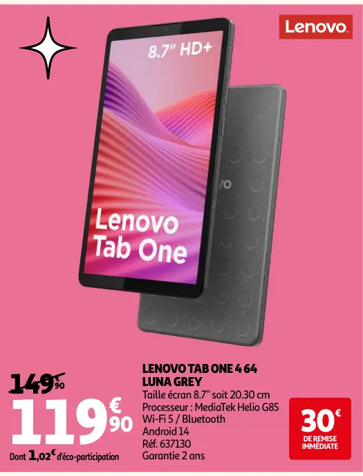 Offre: Lenovo tab one 4 64 luna grey