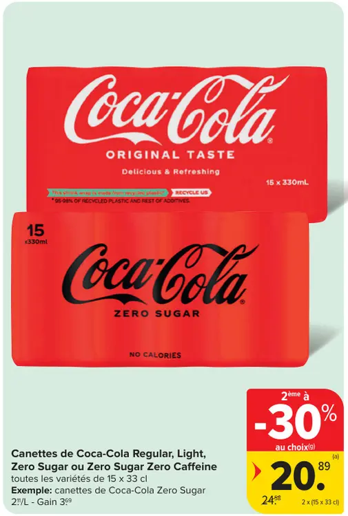 Offre: Canettes de Coca-Cola Regular, Light, Zero Sugar ou Zero Sugar Zero Caffeine