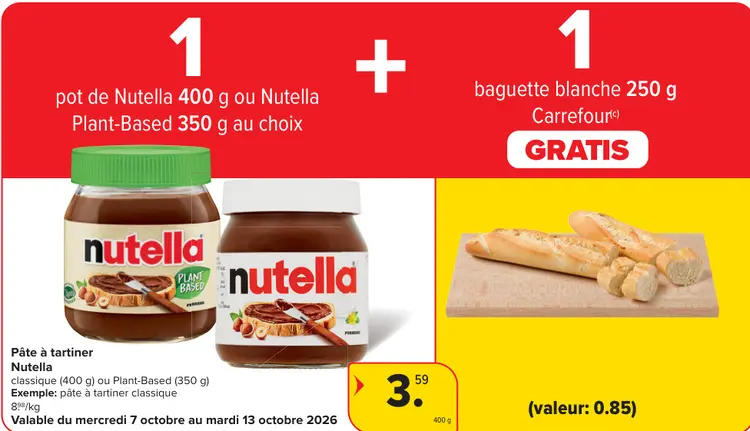 Offre: Pâte à tartiner Nutella classique ou Plant-Based + baguette blanche