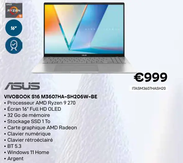 Offre: Asus vivobook s16 m3607ha-sh206w-be