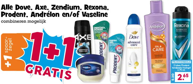 Aanbieding: Alle Dove, Axe, Zendium, Rexona, Prodent, Andrélon en/of Vaseline