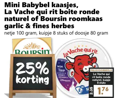 Aanbieding: Mini Babybel kaasjes, La Vache qui rit boite ronde naturel of Boursin roomkaas garlic & fine herbes
