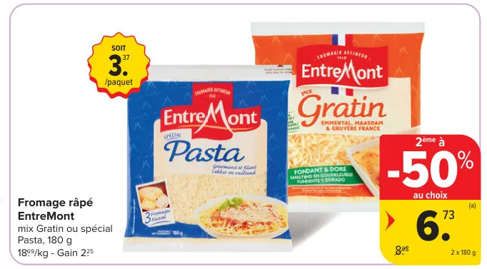 Offre: Fromage râpé mix Gratin ou spécial Pasta