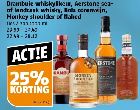 Aanbieding: Drambuie whiskylikeur, Aerstone sea-of landcask whisky, Bols corenwijn, Monkey shoulder of Naked