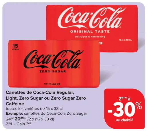 Offre: Canettes de Coca-Cola Regular, Light, Zero Sugar ou Zero Sugar Zero Caffeine