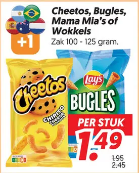 Aanbieding: Cheetos, Bugles, Mama Mia's of Wokkels