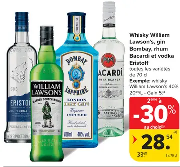 Offre: Whisky William Lawson's, gin Bombay, rhum Bacardi