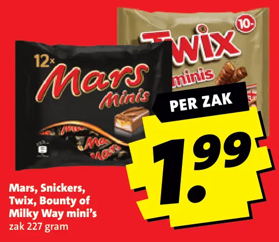 Aanbieding: Mars, Snickers, Twix, Bounty of Milky Way mini's
