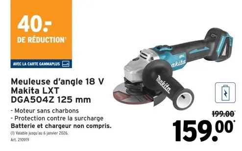 Offre: Meuleuse d'angle 18 V Makita LXT DGA504Z 125 