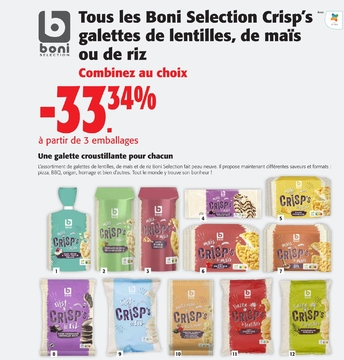 Offre: Tout les Boni Selection Crisp's galettes de lentilles, de maïs ou de riz